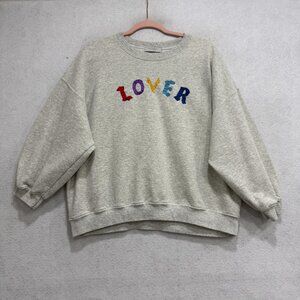 Free People Ragabond Studio Sweatshirt Womens Medium Gray LOVER Rainbow Fleece